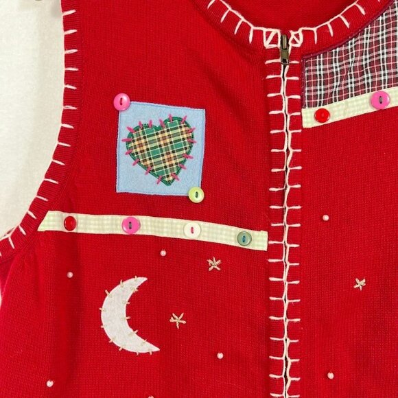 Handmade Christmas Patchwork Zip Sweater Vest Grandma Festive Holiday Party L - Picture 4 of 5